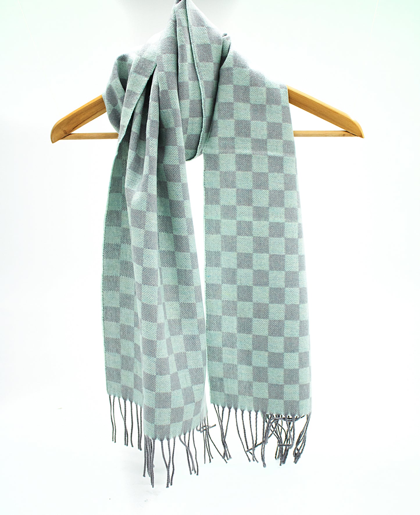 Cashmere Geelong Check Scarf in Aquamarine & Grey