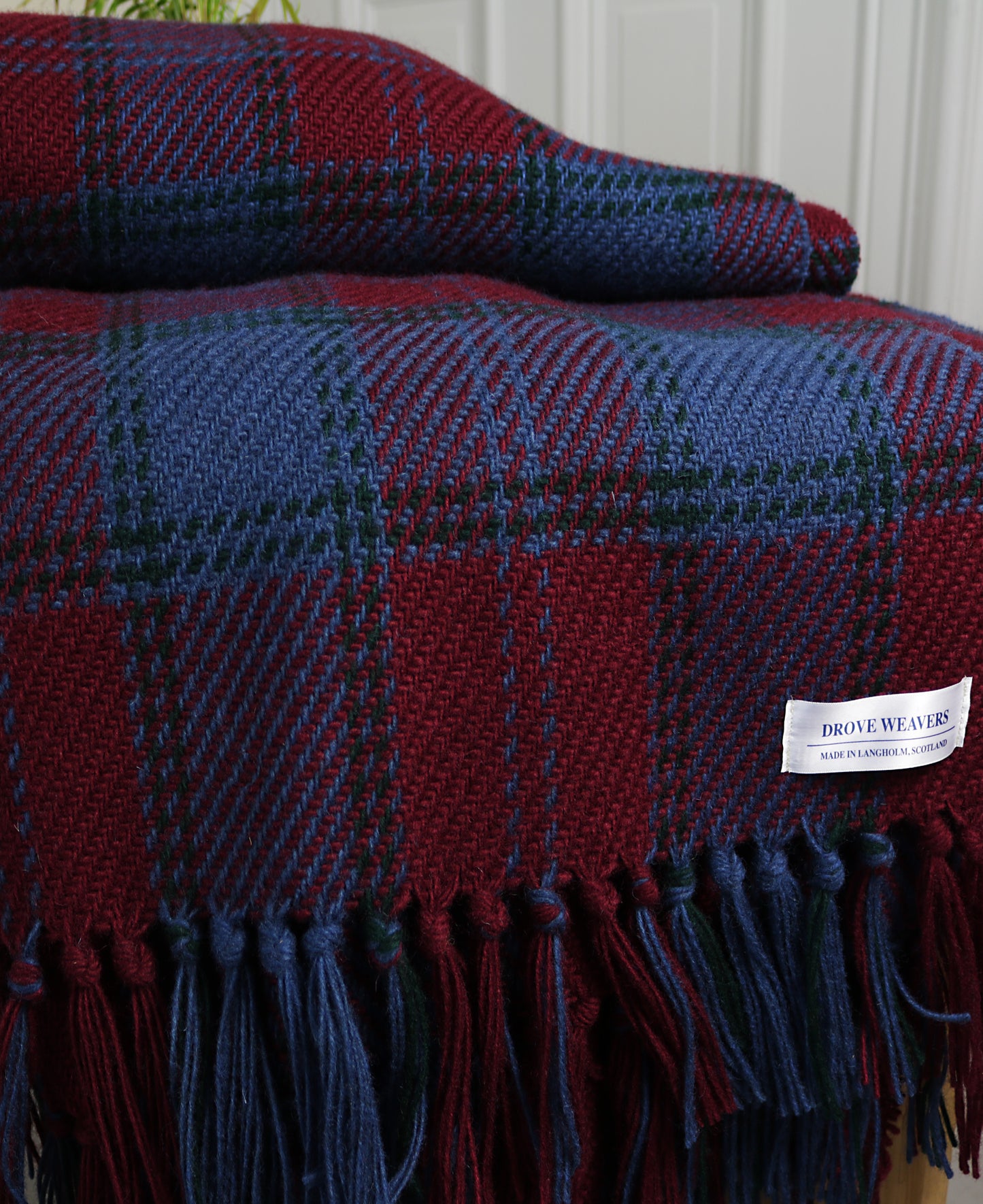 Wool Tartan Blanket in Burgundy & Blue