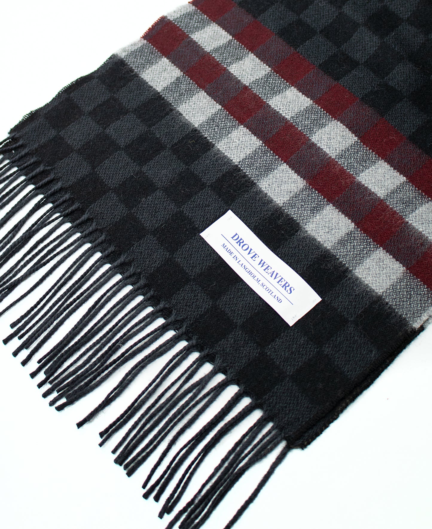 Cashmere Scarf in Black with Check Band in Burgundy & Charcoal