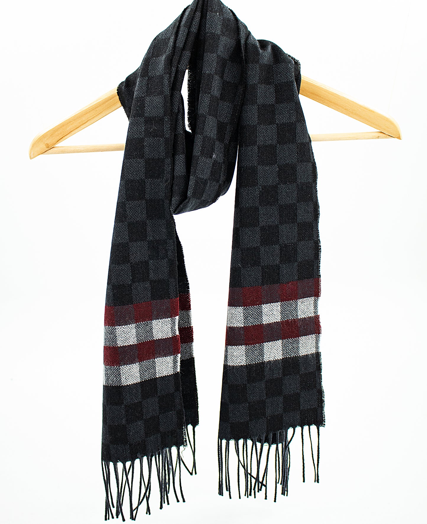 Cashmere Scarf in Black with Check Band in Burgundy & Charcoal