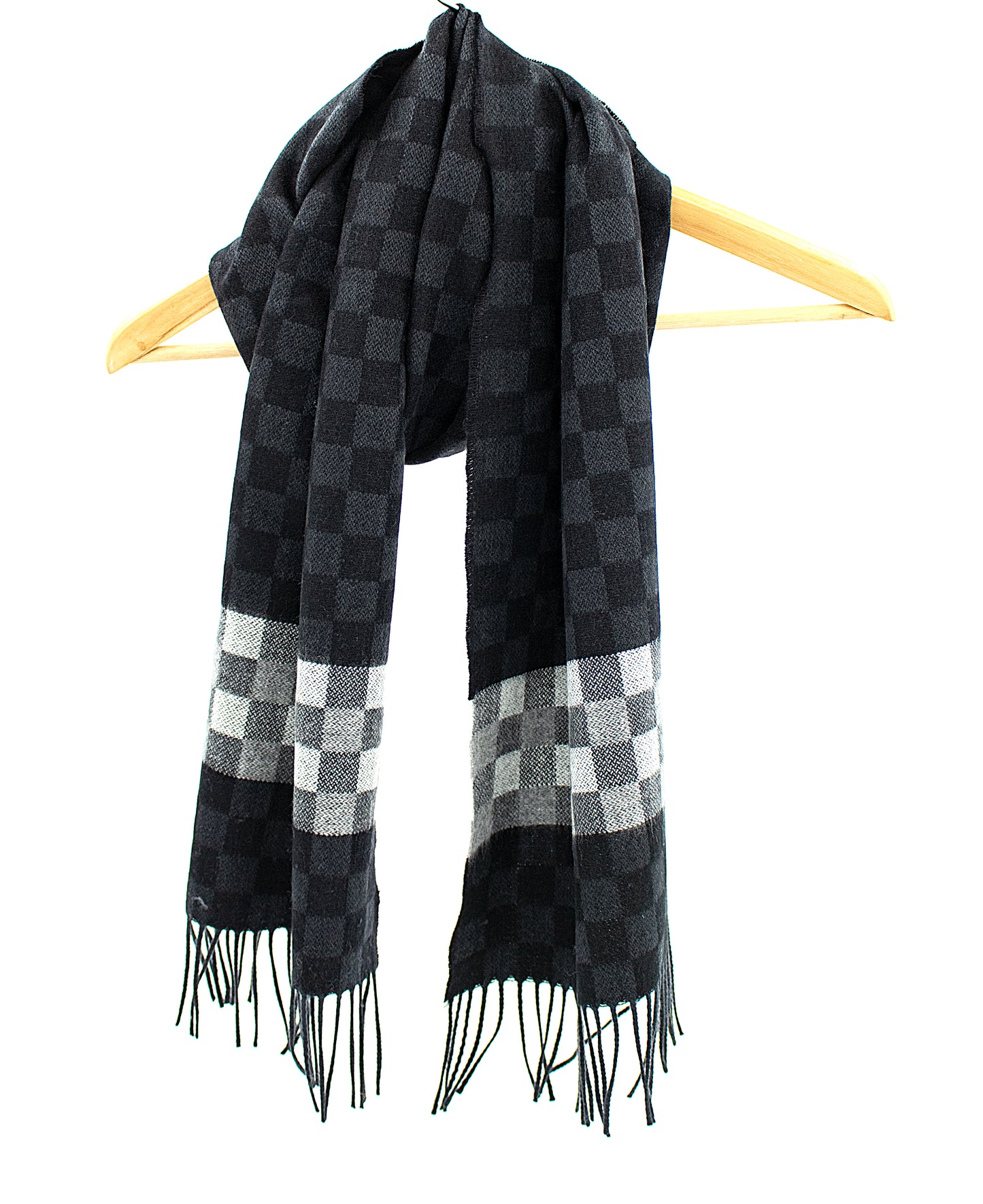 Cashmere Scarf in Black with Check Band in Charcoal