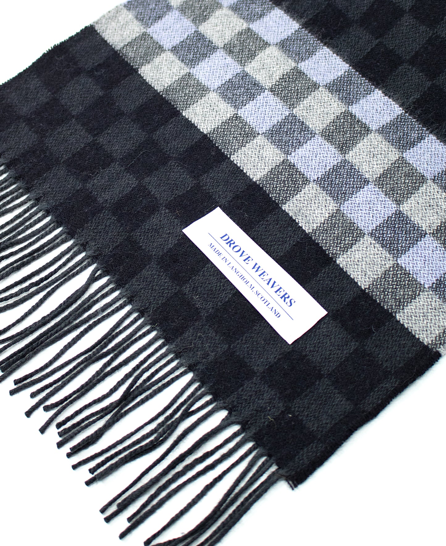 Cashmere Scarf in Black with Check Band in Lilac & Charcoal