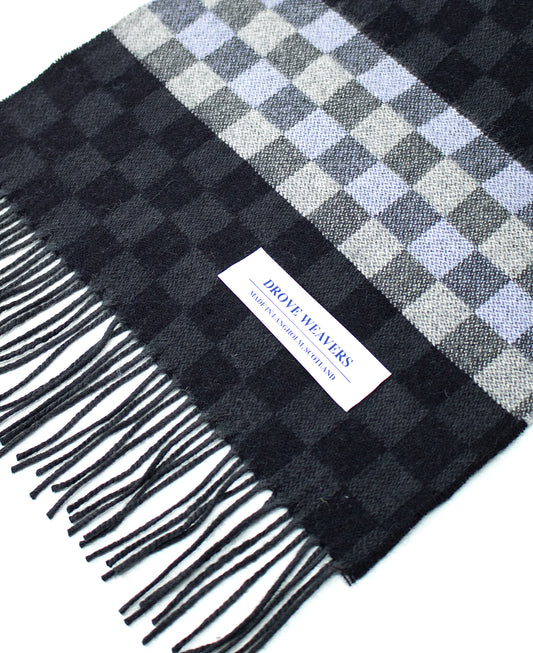 Cashmere Scarf in Black with Check Band in Lilac & Charcoal
