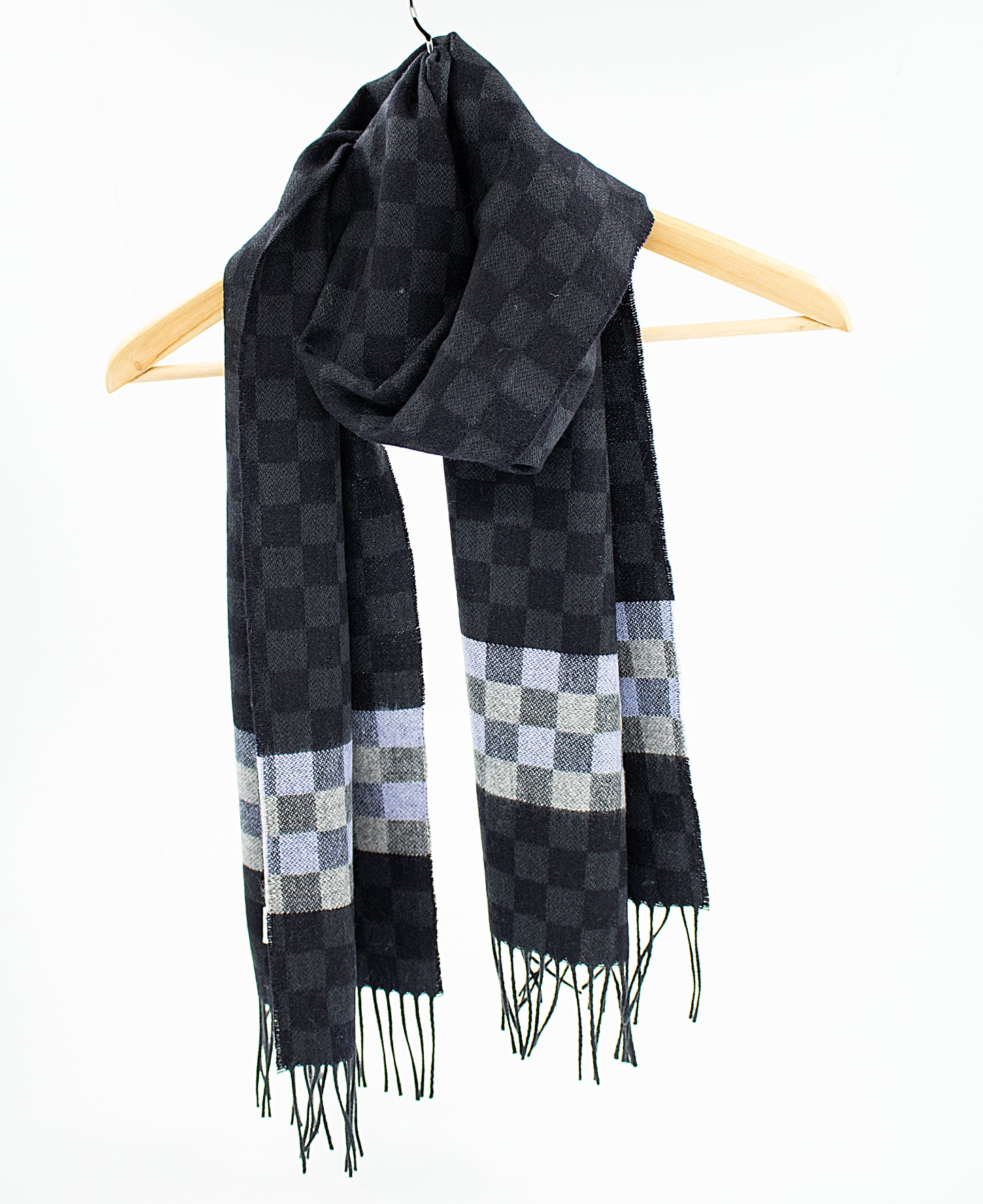 Cashmere Scarf in Black with Check Band in Lilac & Charcoal