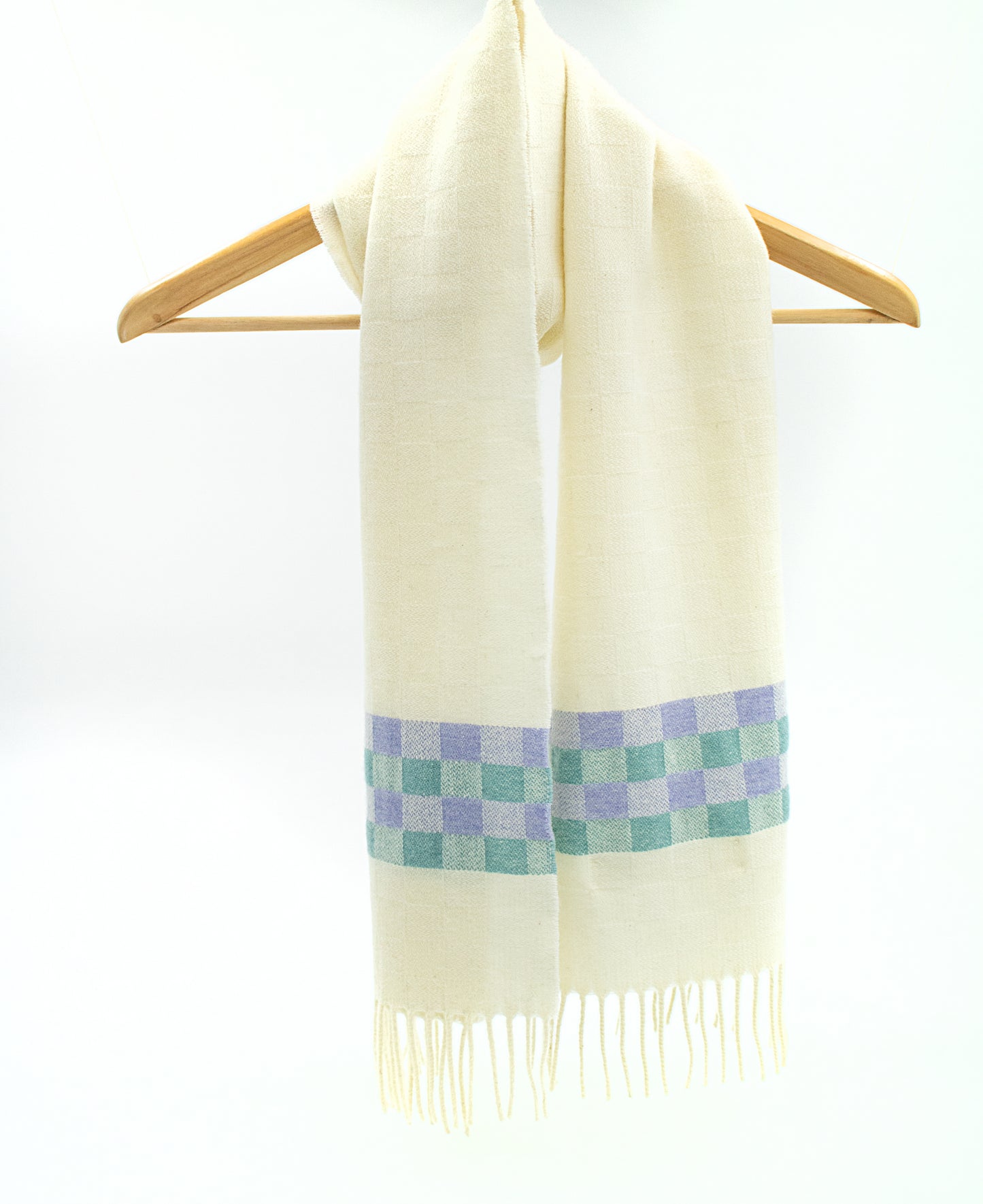 Cashmere Scarf in Ecru with Check Band in Teal & Lilac