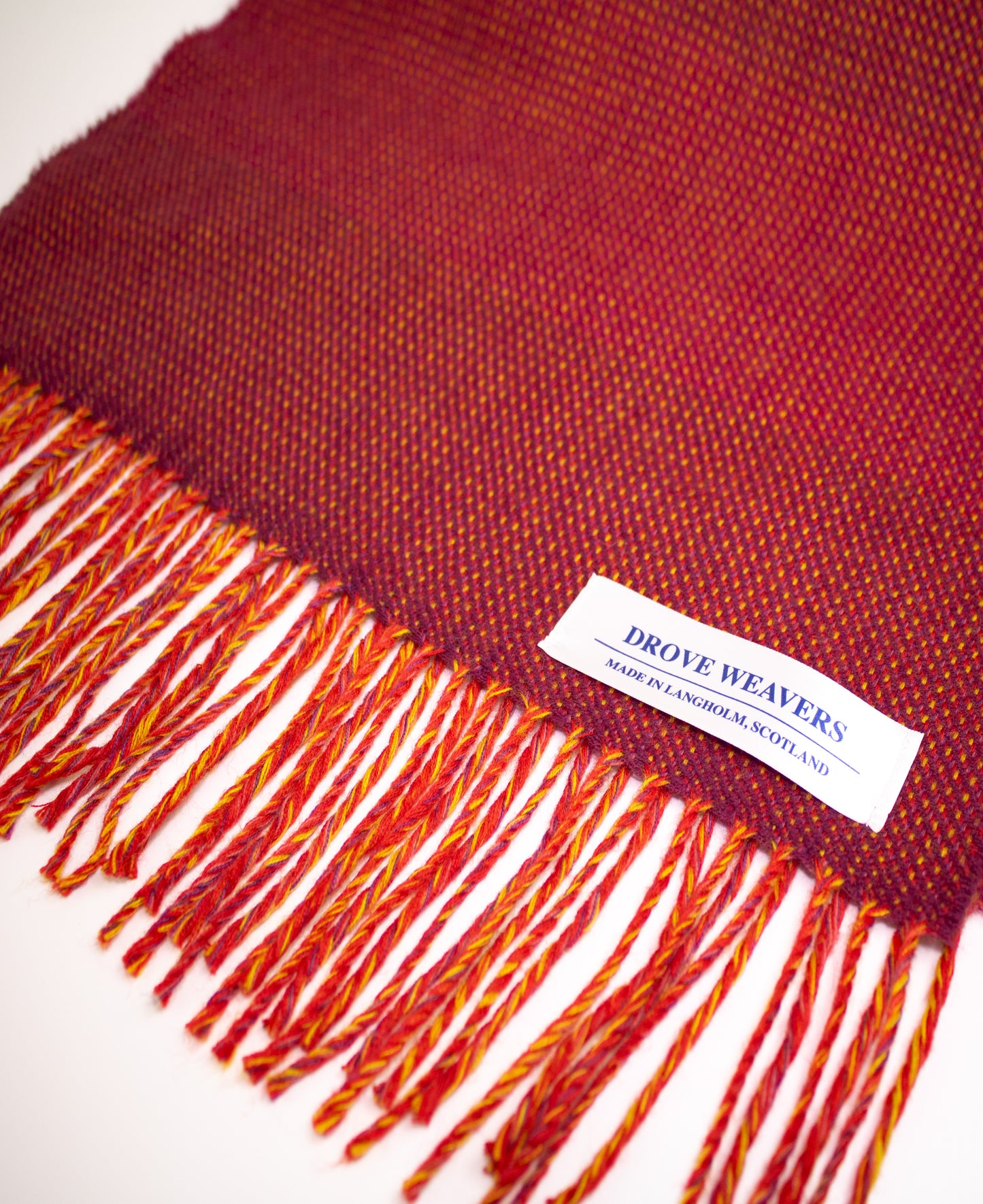 Herringbone Cashmere Geelong Scarf in Mulberry with Red & Yellow Warp