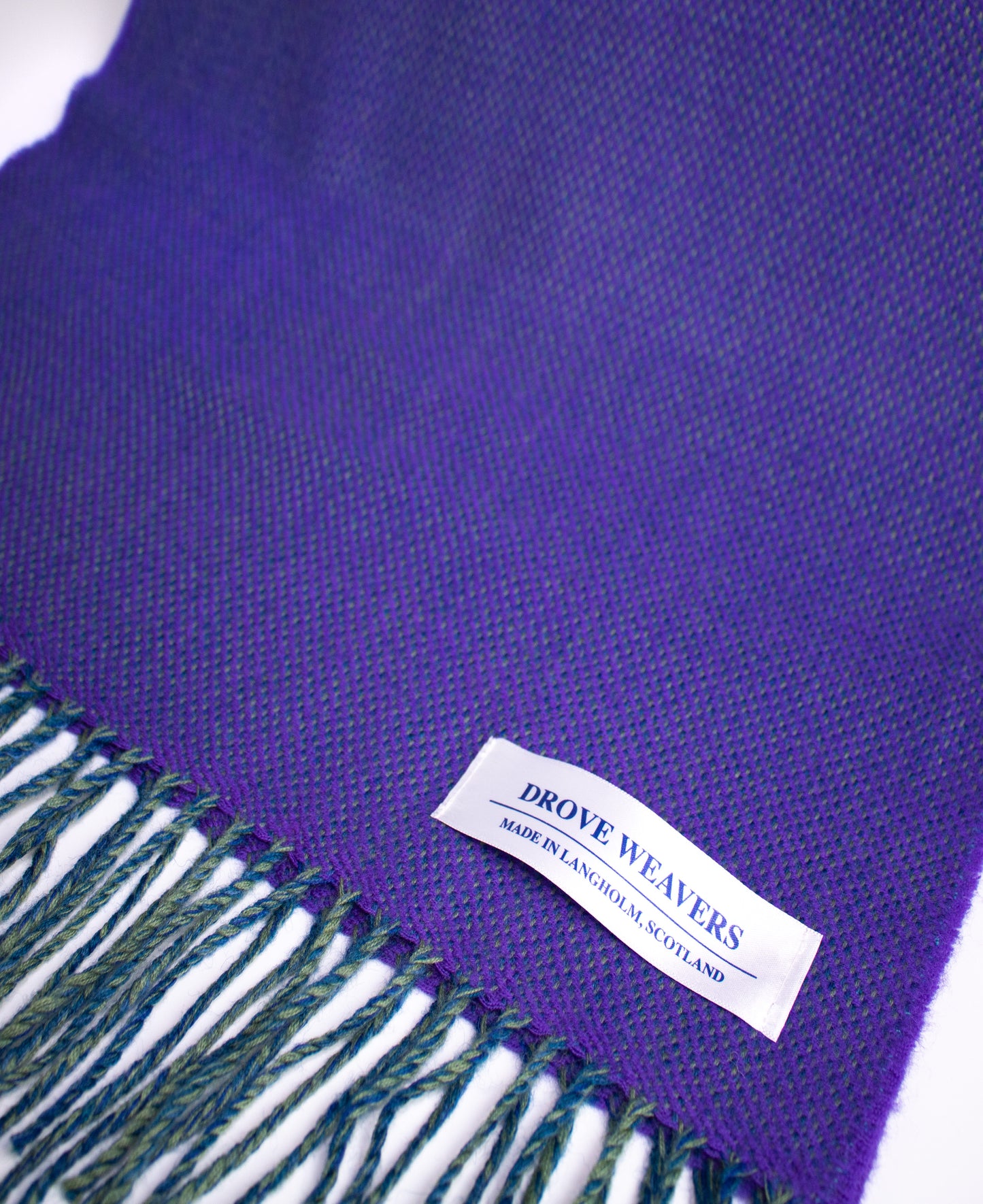 Herringbone Cashmere Geelong Scarf in Purple with Teal & Moorland Warp