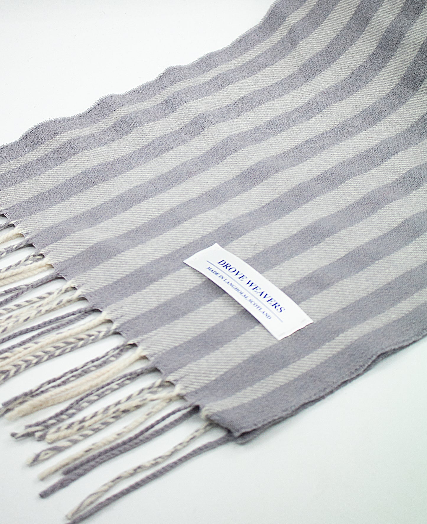 Cashmere Geelong Scarf in Grey Stripe with a White Warp