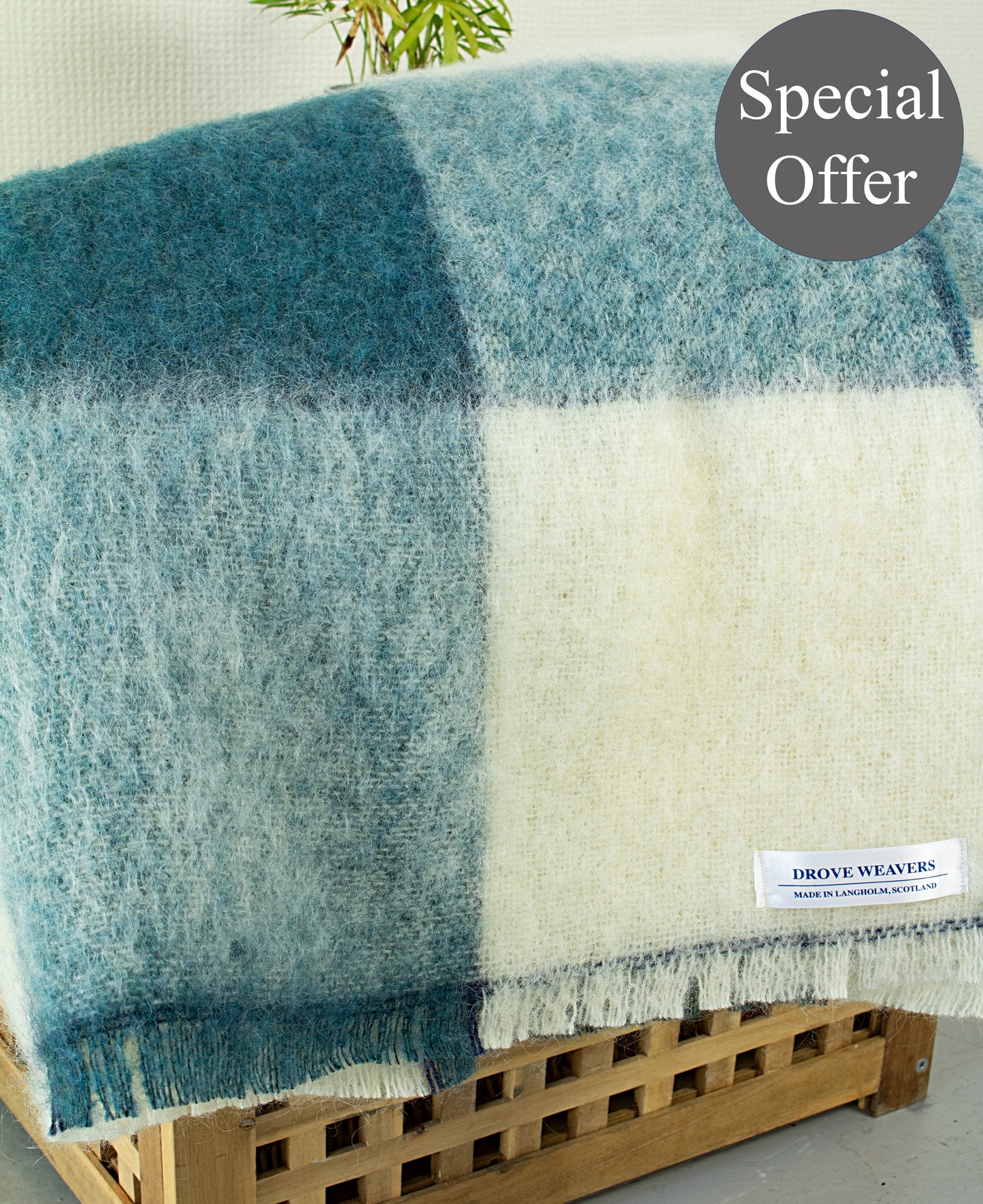 Mohair Wool Blend Throw in Ecru & Teal Block Design