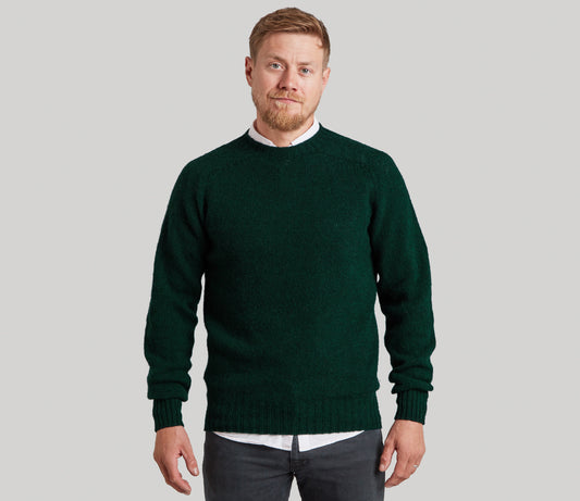 Classic Shetland Crew Neck Jumper in Bottle Green