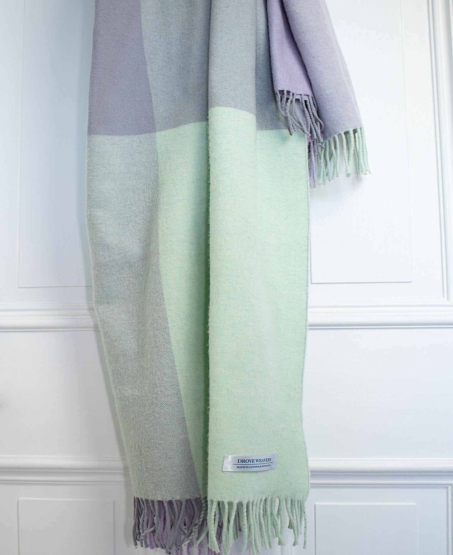 Geelong Cashmere Mix Block Check Throw in Soft Green & Lilac