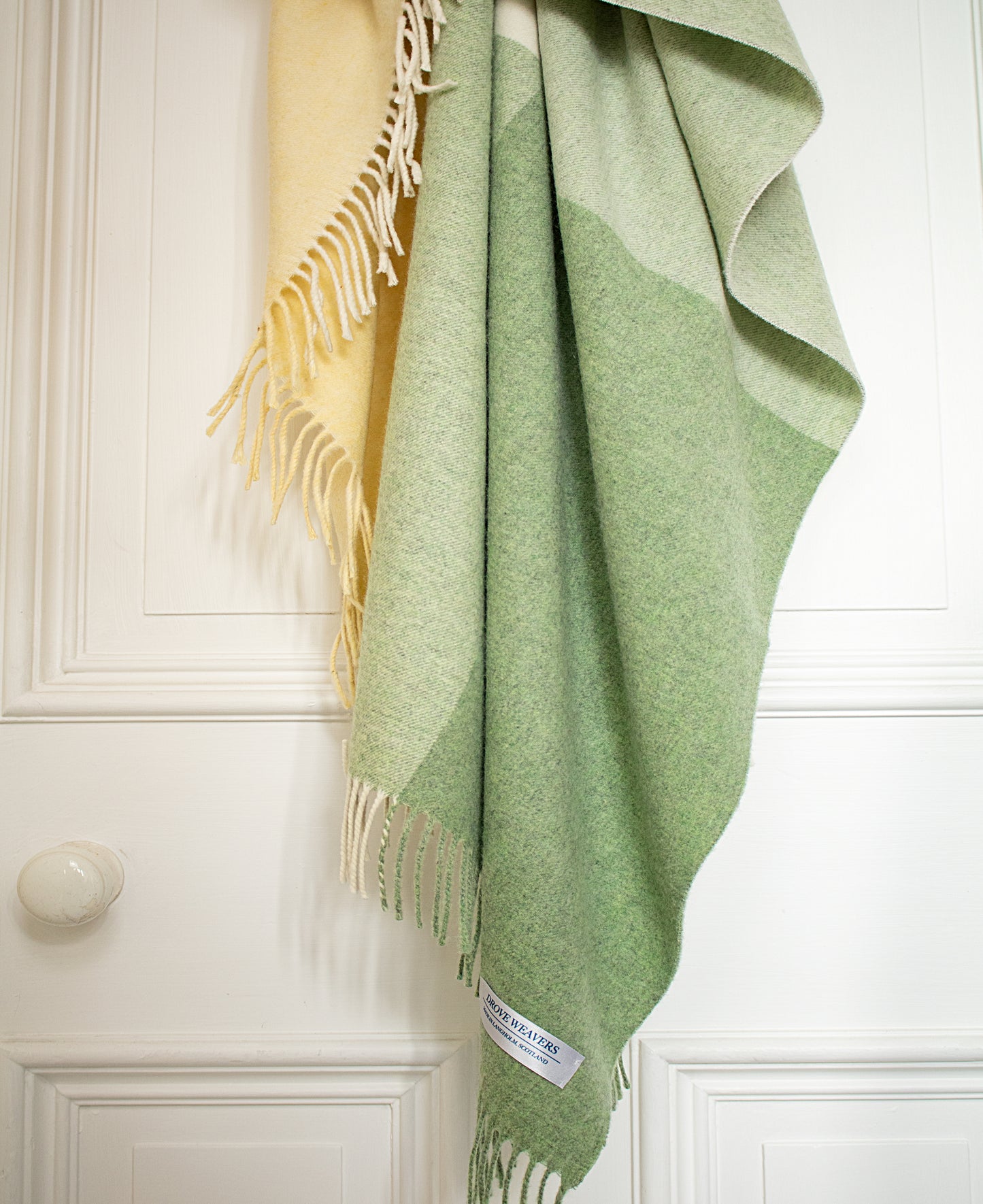 Geelong Cashmere Mix Block Check Throw in Soft Green & Cream