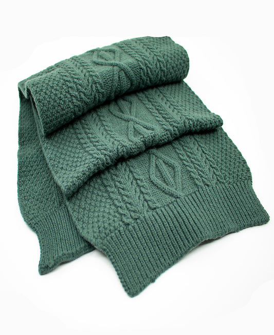 Cashmere & Merino Blend Aran Knitted Scarf in Forest
