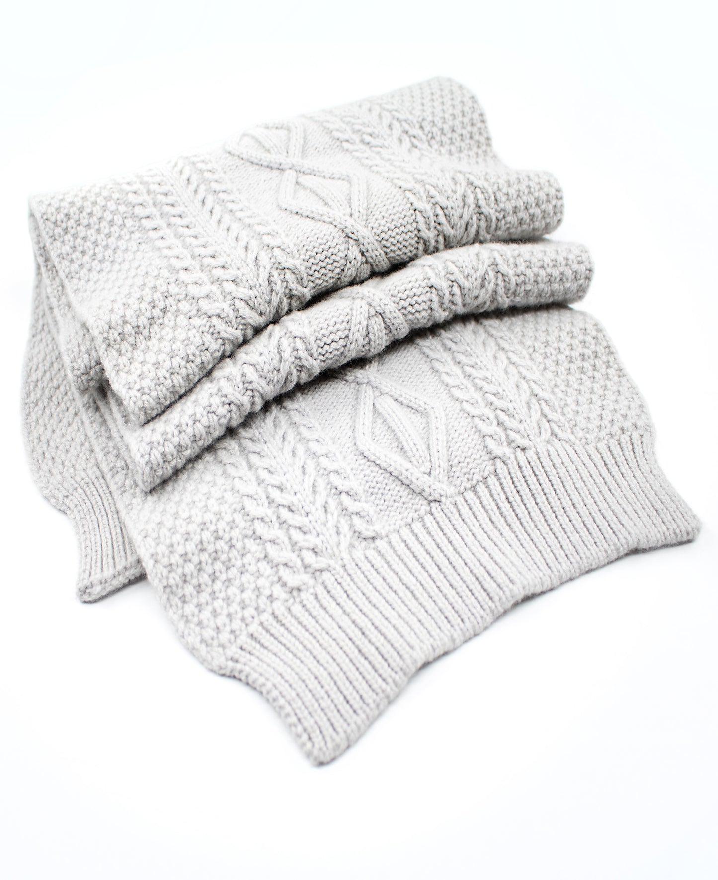 Cashmere & Merino Blend Aran Knitted Scarf in Silver