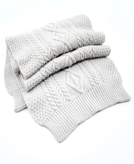 Cashmere & Merino Blend Aran Knitted Scarf in Silver