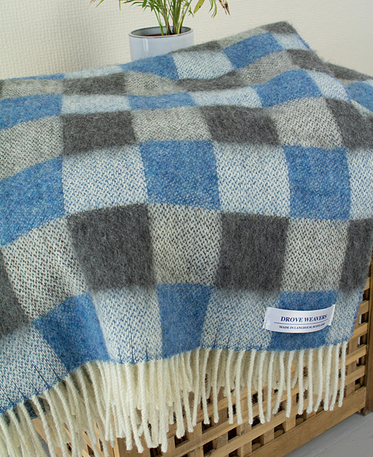 Wool Throw in Blue & Grey Check