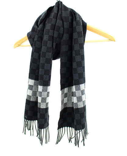 Cashmere Scarf in Black with Check Band in Charcoal