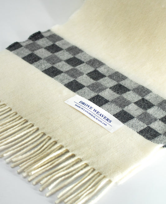 Cashmere Scarf in Ecru with Check Band in Black