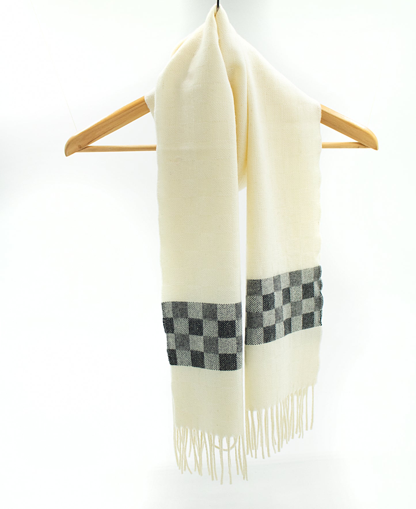Cashmere Scarf in Ecru with Check Band in Black
