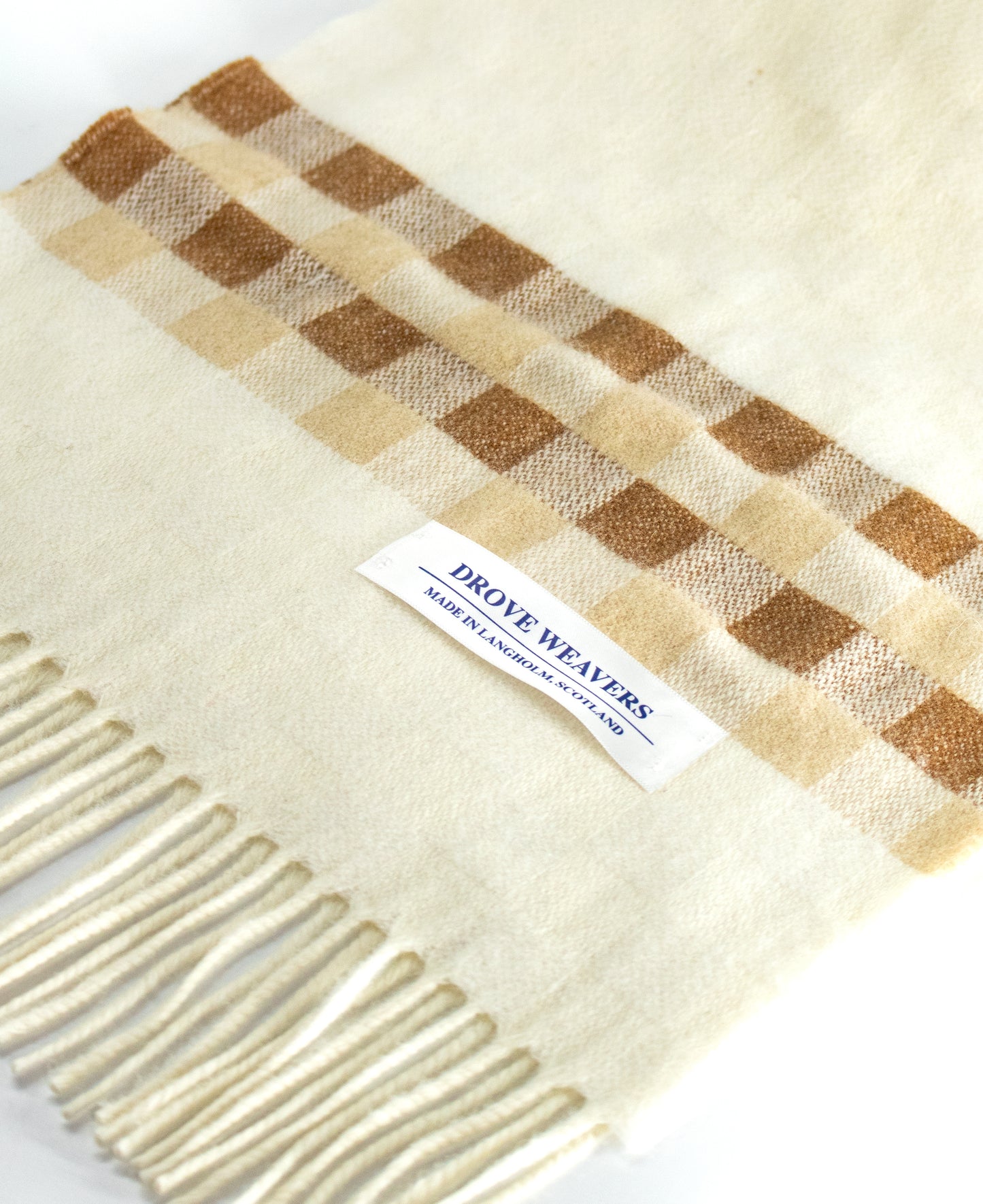 Cashmere Scarf in Ecru with Check Band in Tan