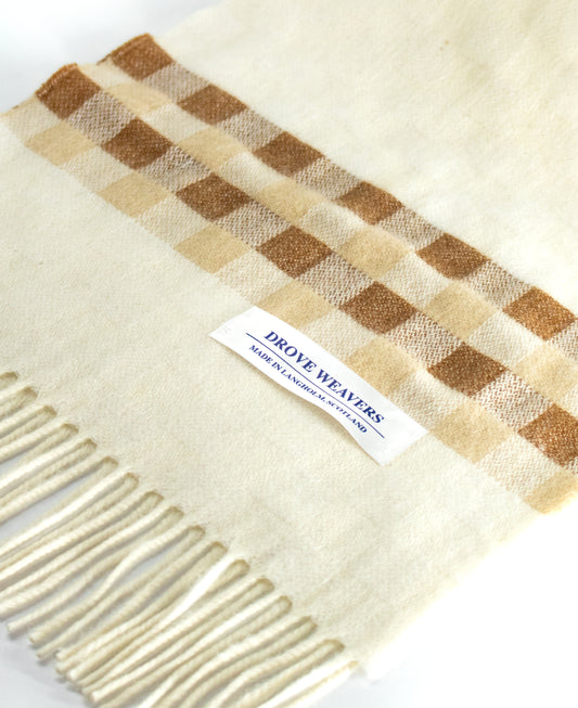 Cashmere Scarf in Ecru with Check Band in Tan