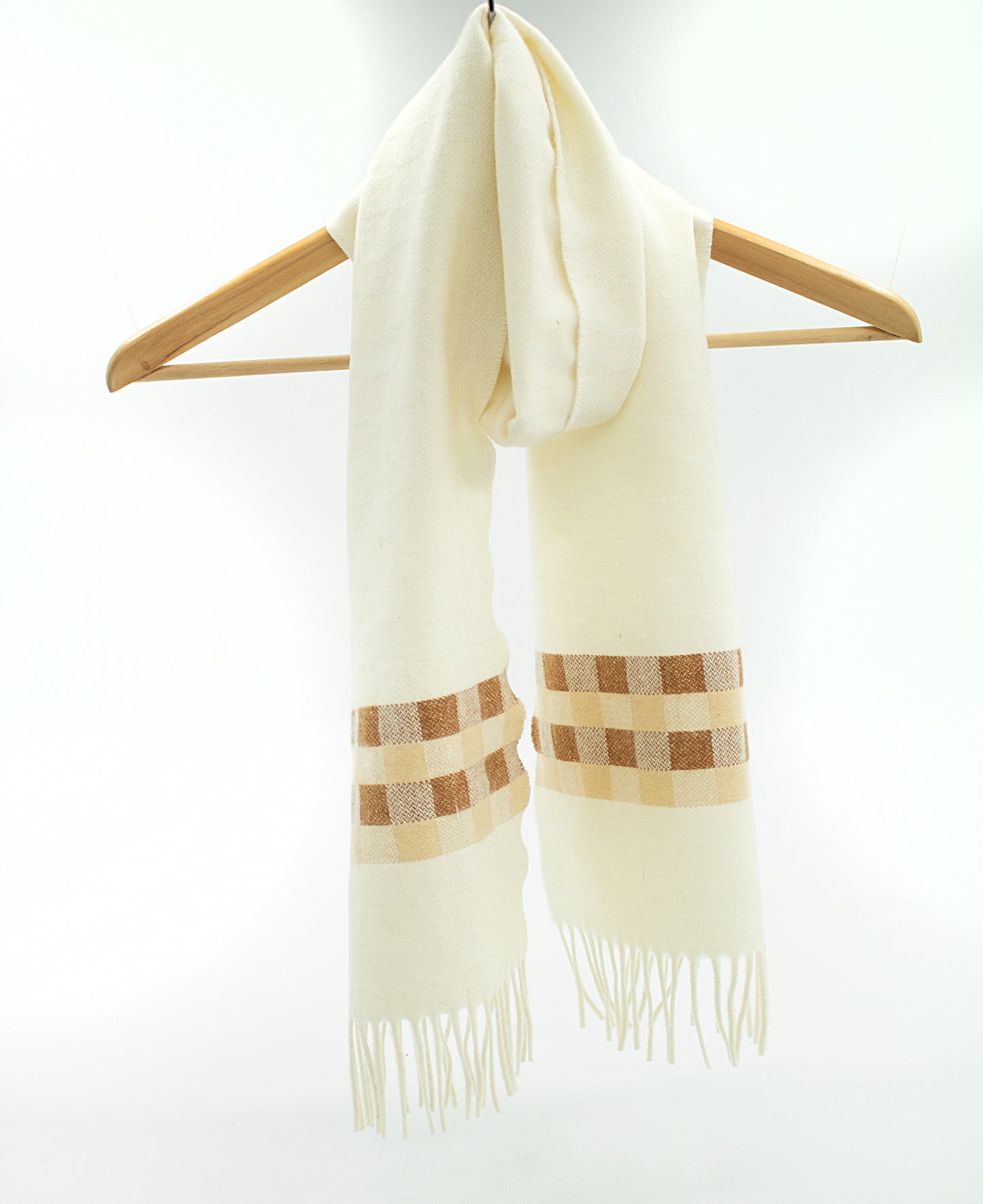 Cashmere Scarf in Ecru with Check Band in Tan