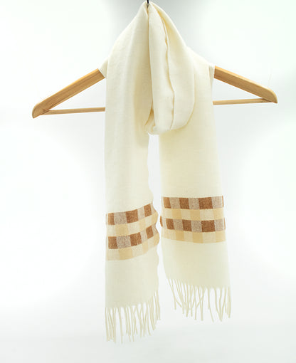 Cashmere Scarf in Ecru with Check Band in Tan