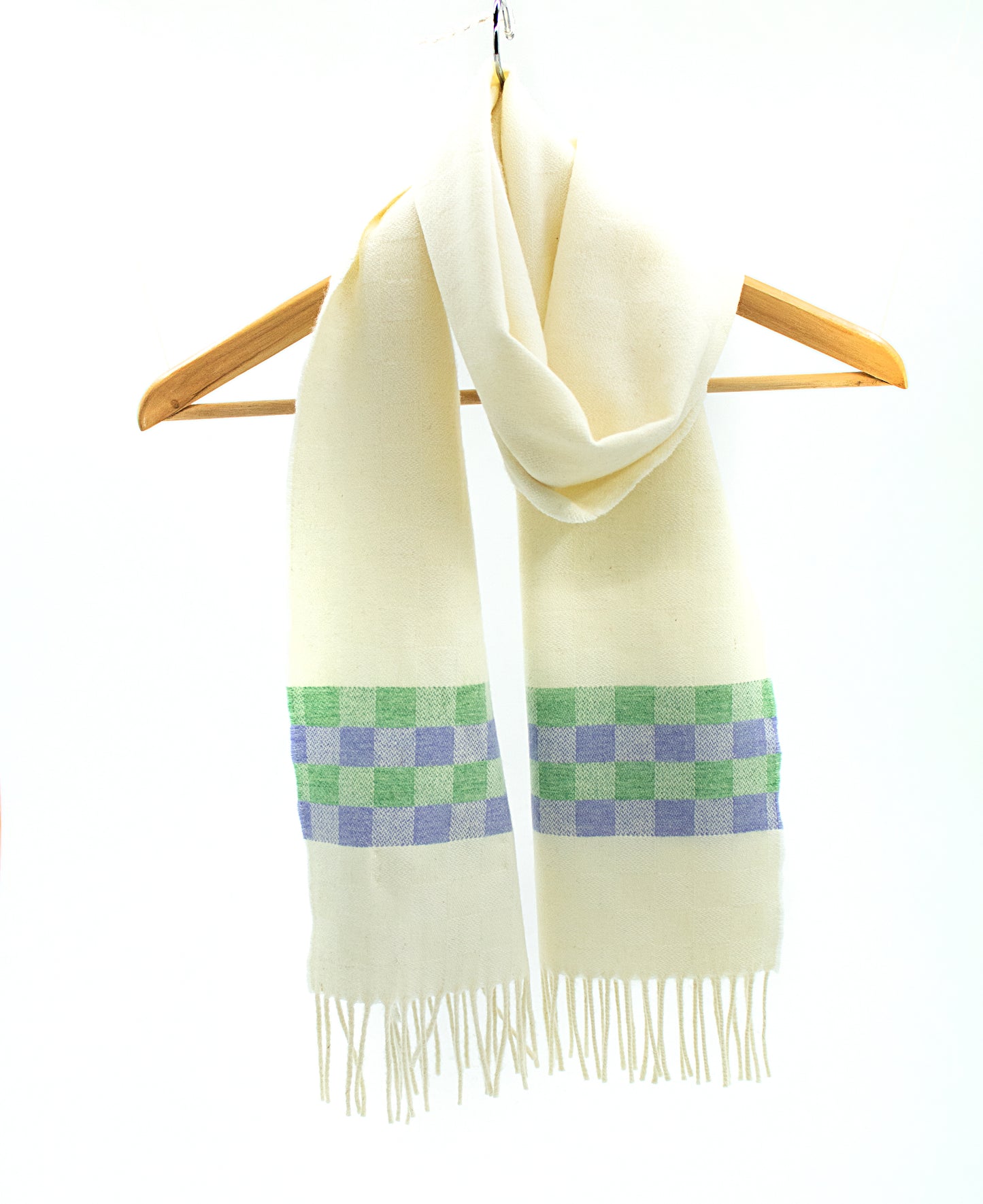 Cashmere Scarf in Ecru with Check Band in Lilac & Green