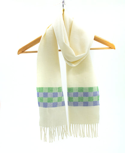 Cashmere Scarf in Ecru with Check Band in Lilac & Green