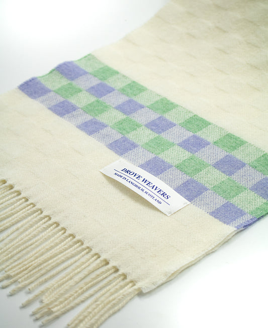 Cashmere Scarf in Ecru with Check Band in Lilac & Green