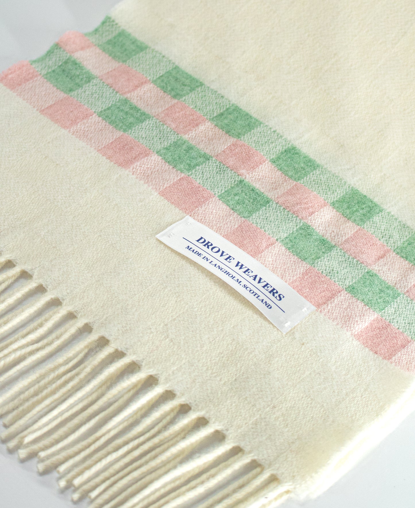 Cashmere Scarf in Ecru with Check Band in Pink & Green