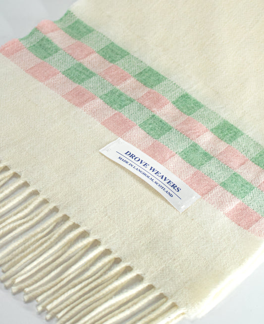 Cashmere Scarf in Ecru with Check Band in Pink & Green