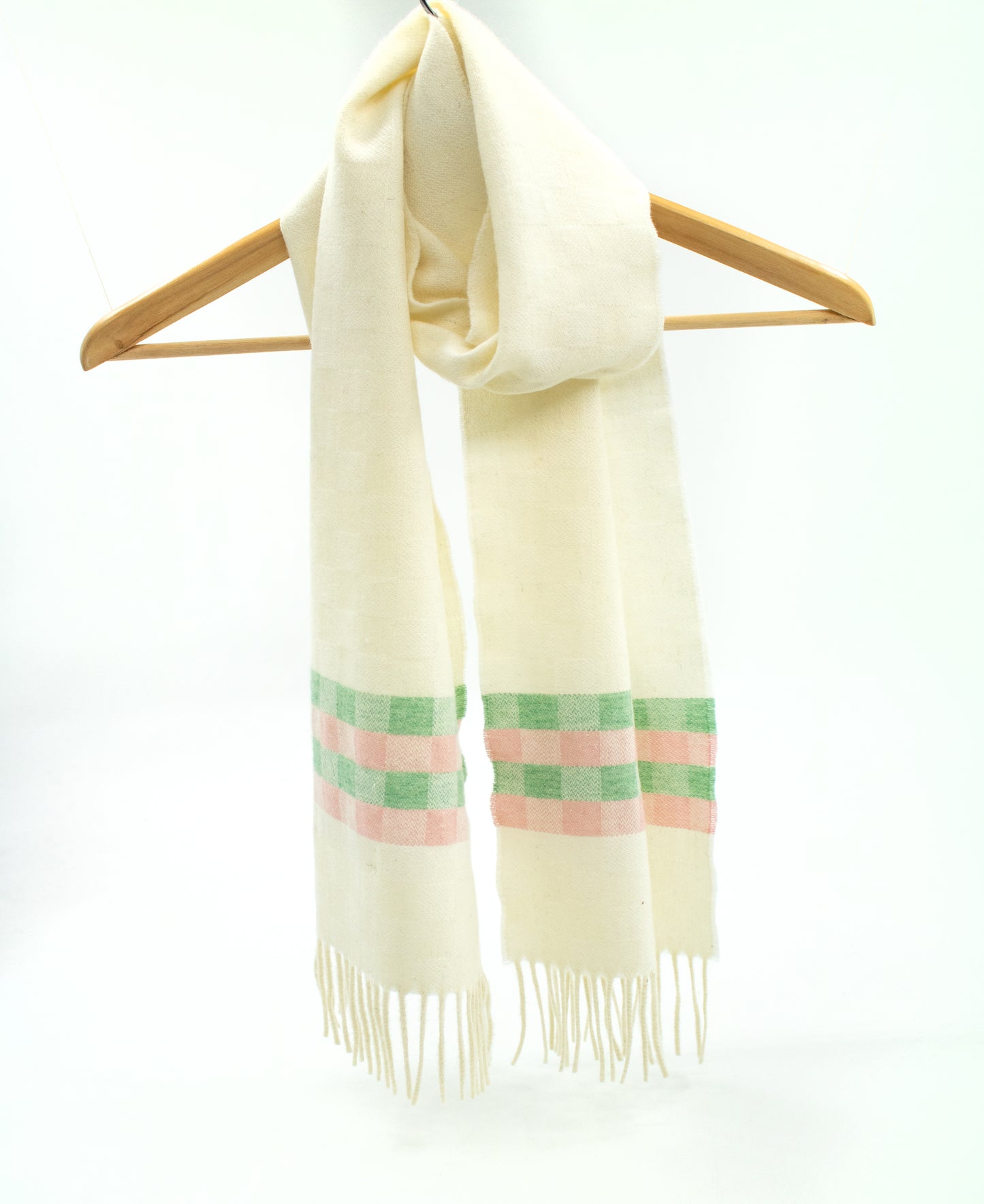 Cashmere Scarf in Ecru with Check Band in Pink & Green