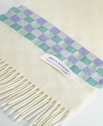 Cashmere Scarf in Ecru with Check Band in Teal & Lilac
