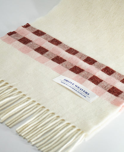 Cashmere Scarf in Ecru with Check Band in Pink