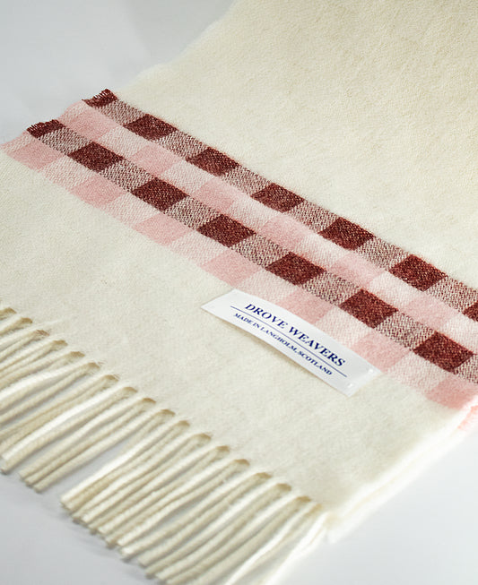 Cashmere Scarf in Ecru with Check Band in Pink