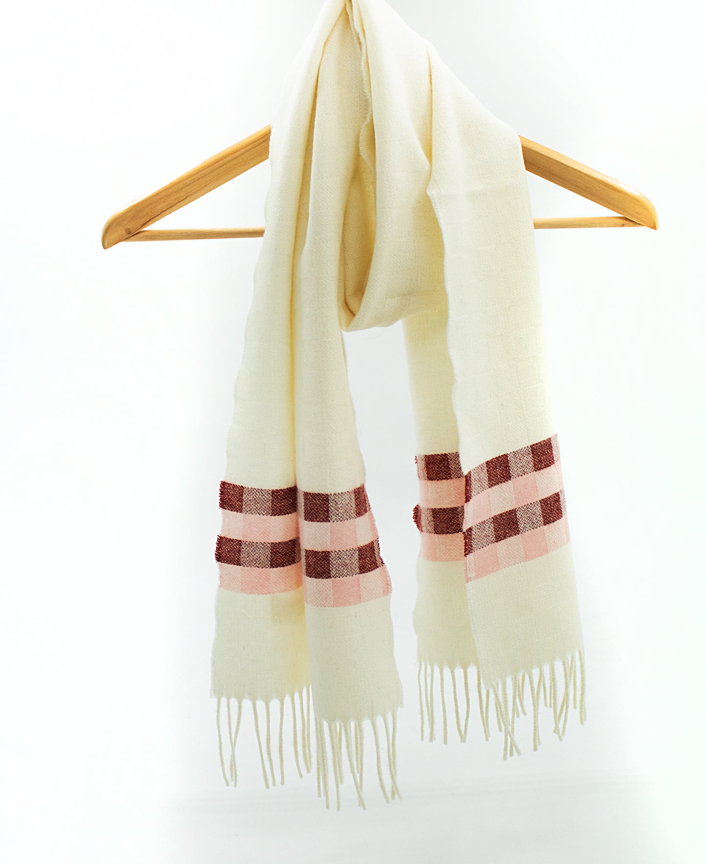 Cashmere Scarf in Ecru with Check Band in Pink