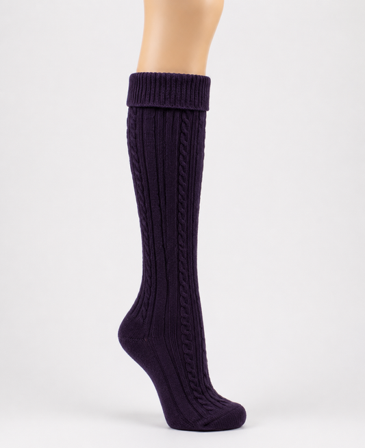 Womens Wool Cashmere Blend Cable Knit Walking Socks in Black Grape