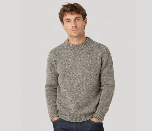 Chunky Donegal Wool Crew Neck Jumper in Flannel Grey Tweed
