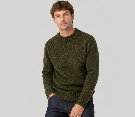Chunky Donegal Wool Crew Neck Jumper in Forest Tweed