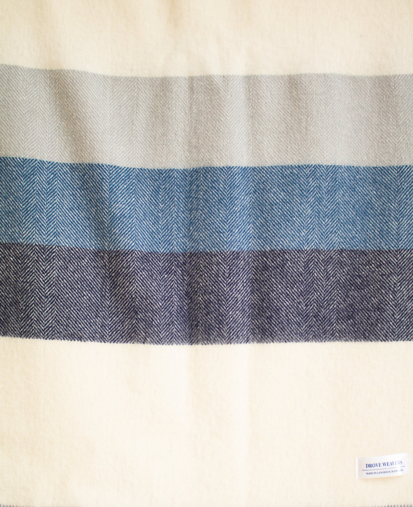 Wool Stripe Blanket in Ecru with Blue Stripe