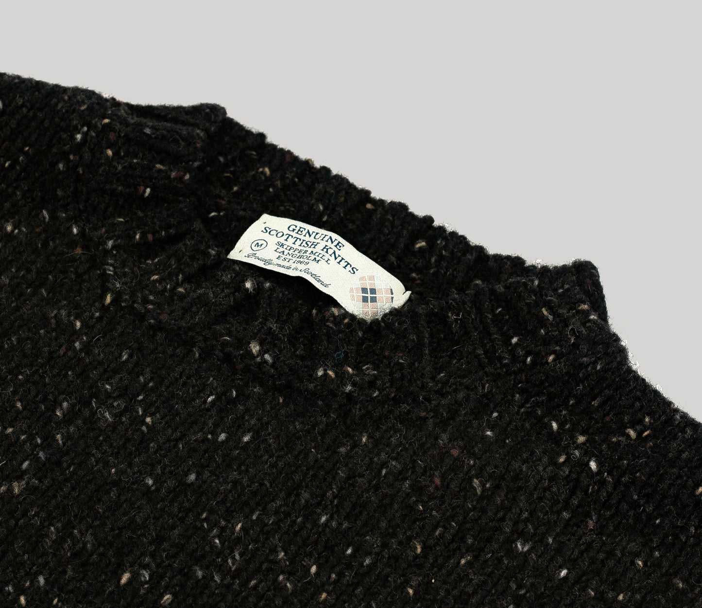 Chunky Donegal Wool Crew Neck Jumper in Black Tweed