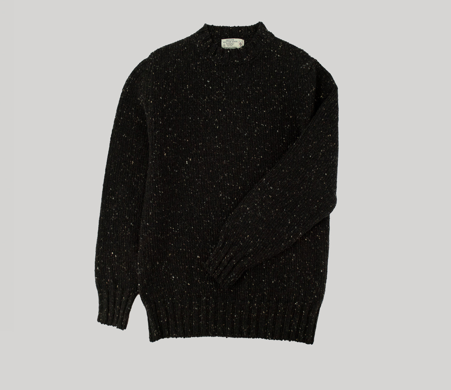 Chunky Donegal Wool Crew Neck Jumper in Black Tweed