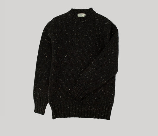 Chunky Donegal Wool Crew Neck Jumper in Black Tweed