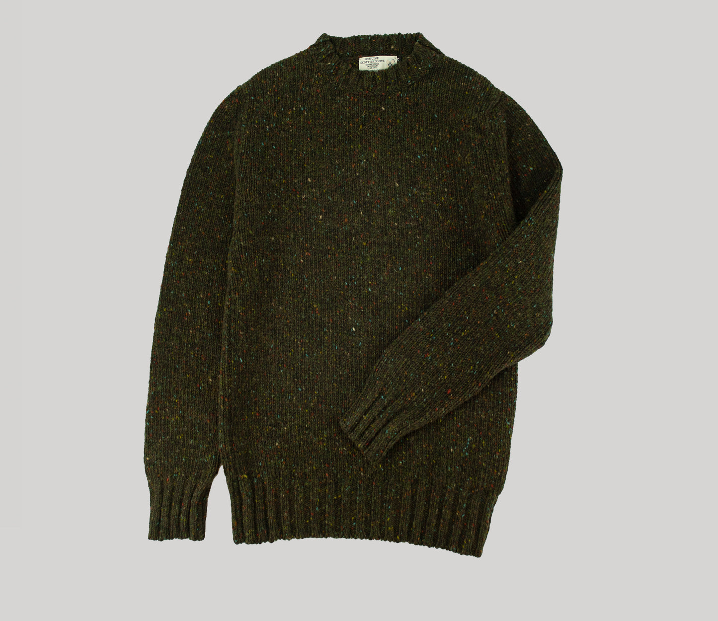 Chunky Donegal Wool Crew Neck Jumper in Forest Tweed