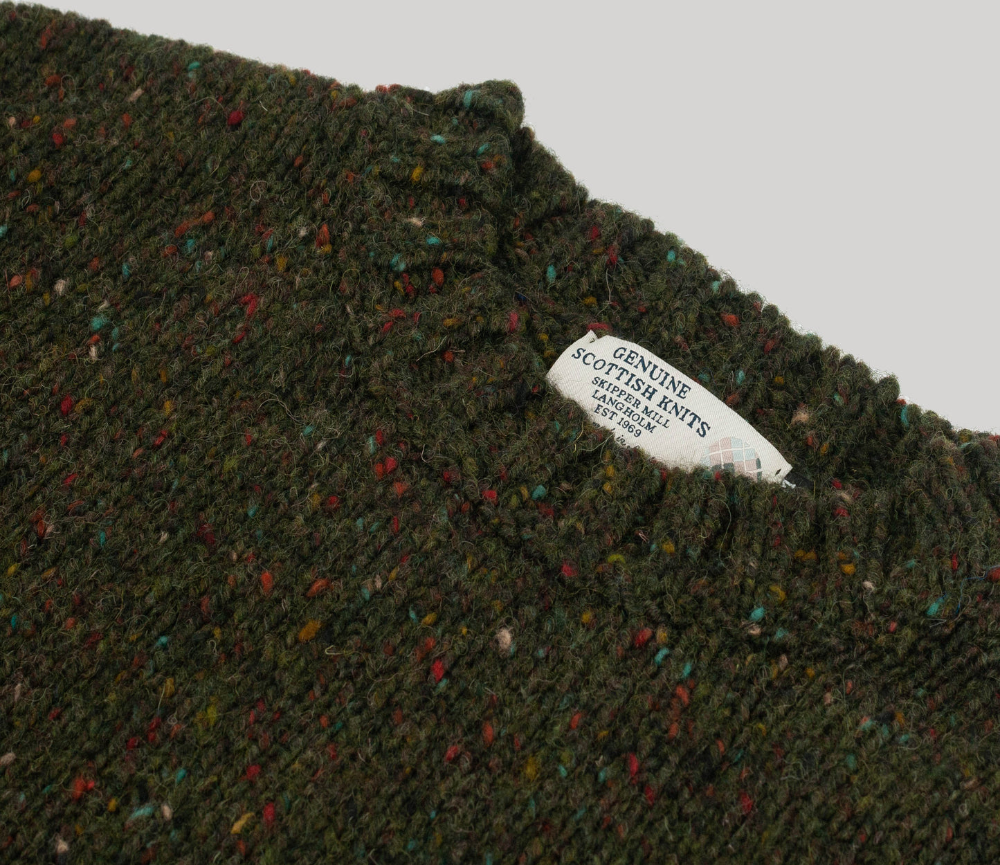 Chunky Donegal Wool Crew Neck Jumper in Forest Tweed