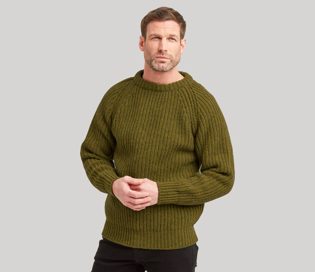 Chunky Wool Fisherman Crew Neck Jumper in Moorland – Genuine 