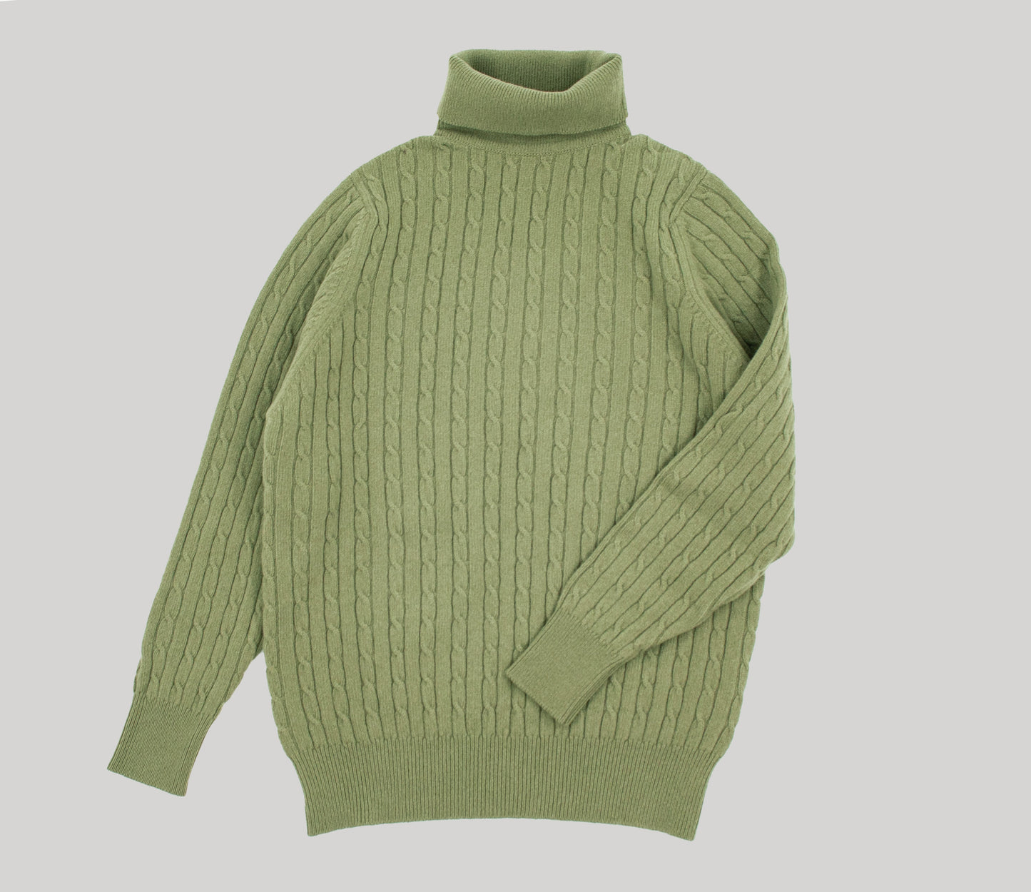 Geelong Lambswool Cable Roll Neck Jumper in Green