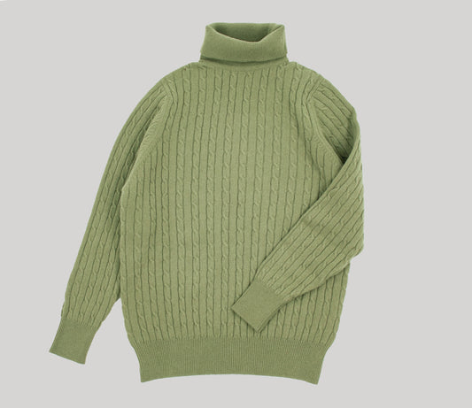 Geelong Lambswool Cable Roll Neck Jumper in Green