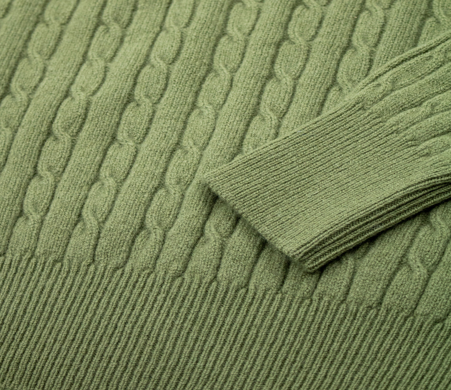 Geelong Lambswool Cable Roll Neck Jumper in Green